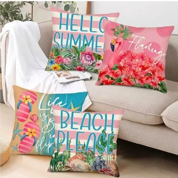 Hello Summer Pillow Covers 24x24 Inch Set of 4 Pink Summer Decorations Throw - Picture 2 of 6